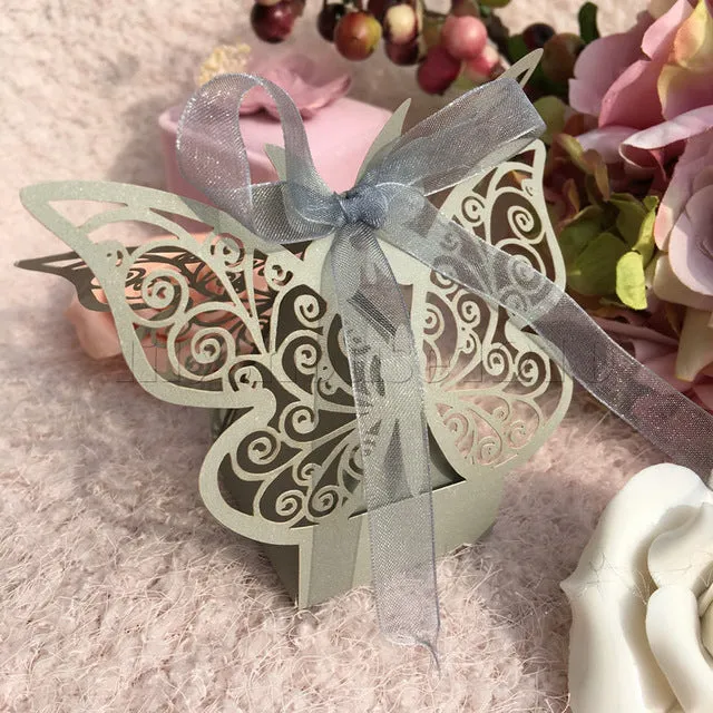10Pcs/set Butterfly Laser Cut Hollow Carriage Favors Box Gifts Candy Boxes With Ribbon Baby Shower Wedding Event Party Supplies