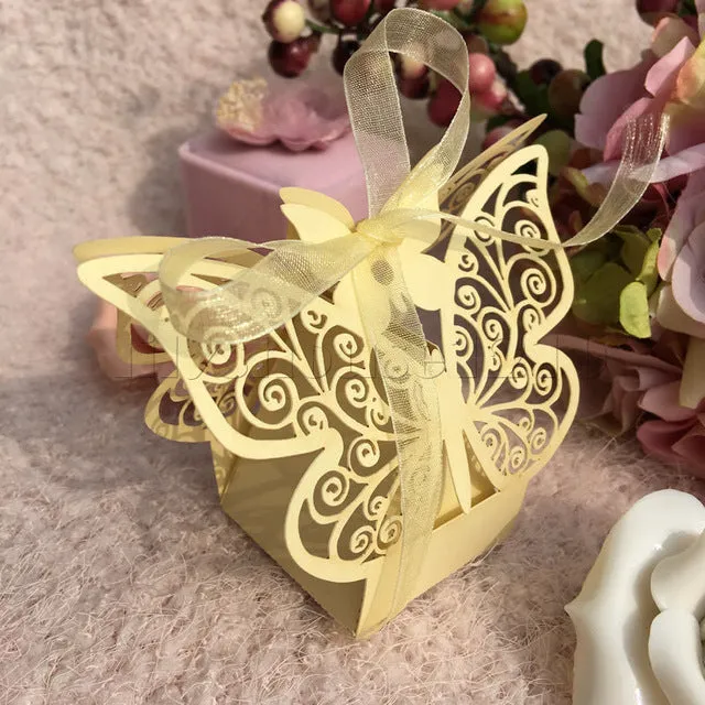 10Pcs/set Butterfly Laser Cut Hollow Carriage Favors Box Gifts Candy Boxes With Ribbon Baby Shower Wedding Event Party Supplies