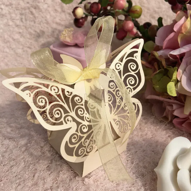 10Pcs/set Butterfly Laser Cut Hollow Carriage Favors Box Gifts Candy Boxes With Ribbon Baby Shower Wedding Event Party Supplies