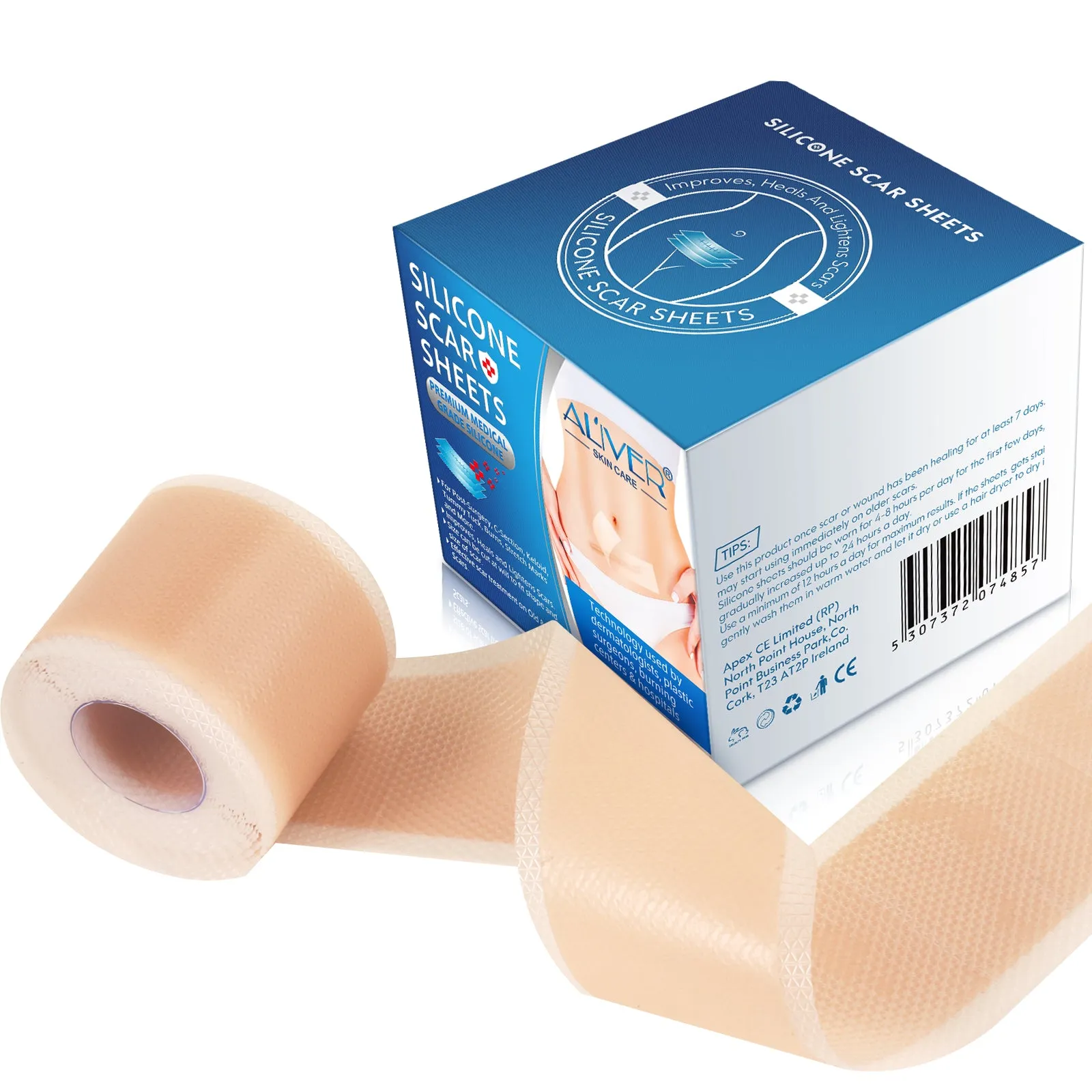 ALIVER Silicone Scar Sheets, Silicone Scar Tape-1.6”x120”, Scar Removal Strips for Acne Scars C-Section & Keloid Surgery Scars Sheets - 6-8 Month Supply