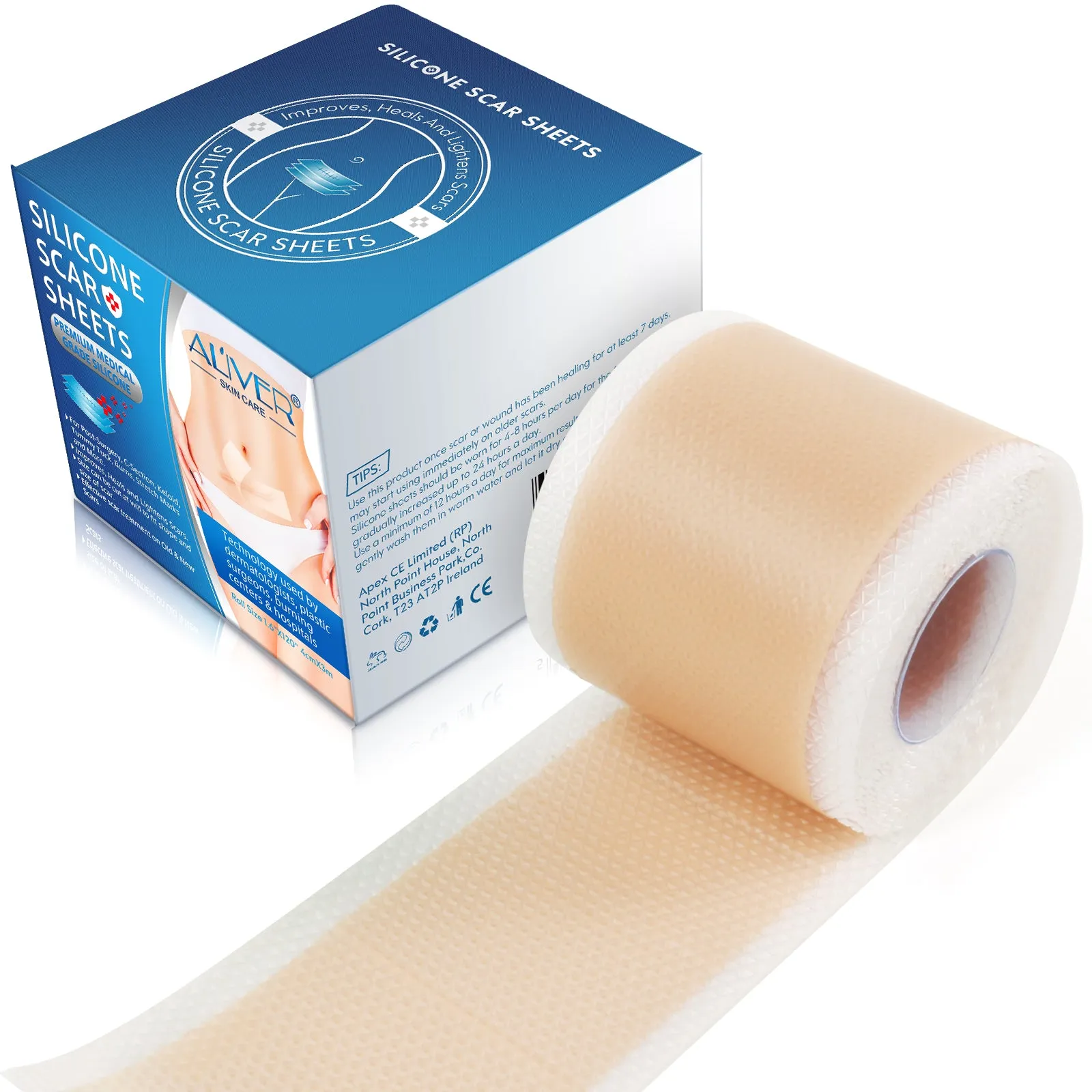 ALIVER Silicone Scar Sheets, Silicone Scar Tape-1.6”x120”, Scar Removal Strips for Acne Scars C-Section & Keloid Surgery Scars Sheets - 6-8 Month Supply