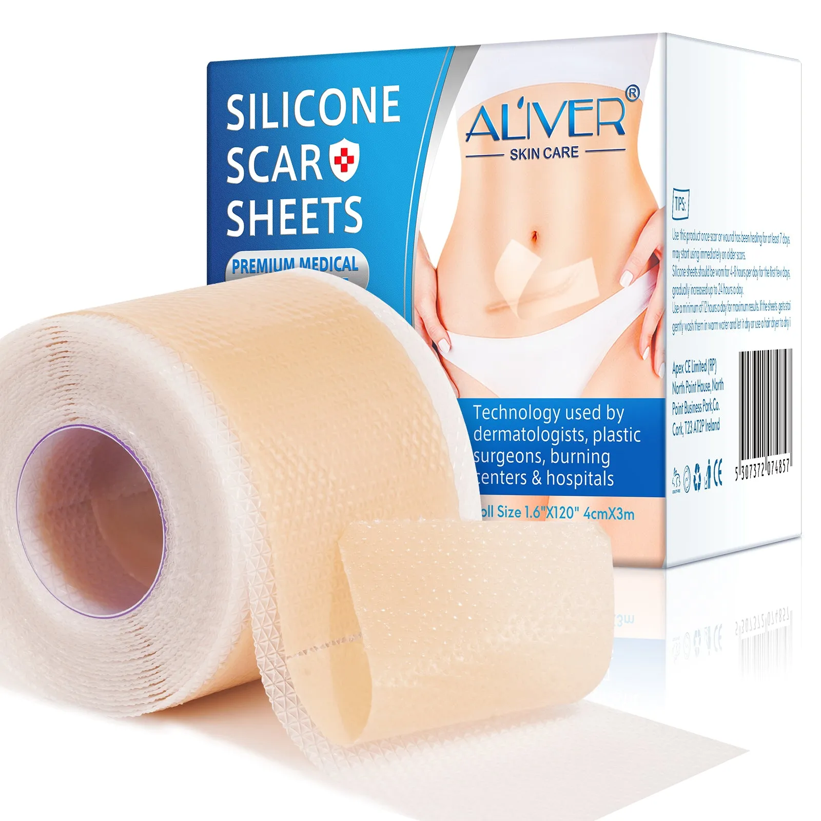 ALIVER Silicone Scar Sheets, Silicone Scar Tape-1.6”x120”, Scar Removal Strips for Acne Scars C-Section & Keloid Surgery Scars Sheets - 6-8 Month Supply
