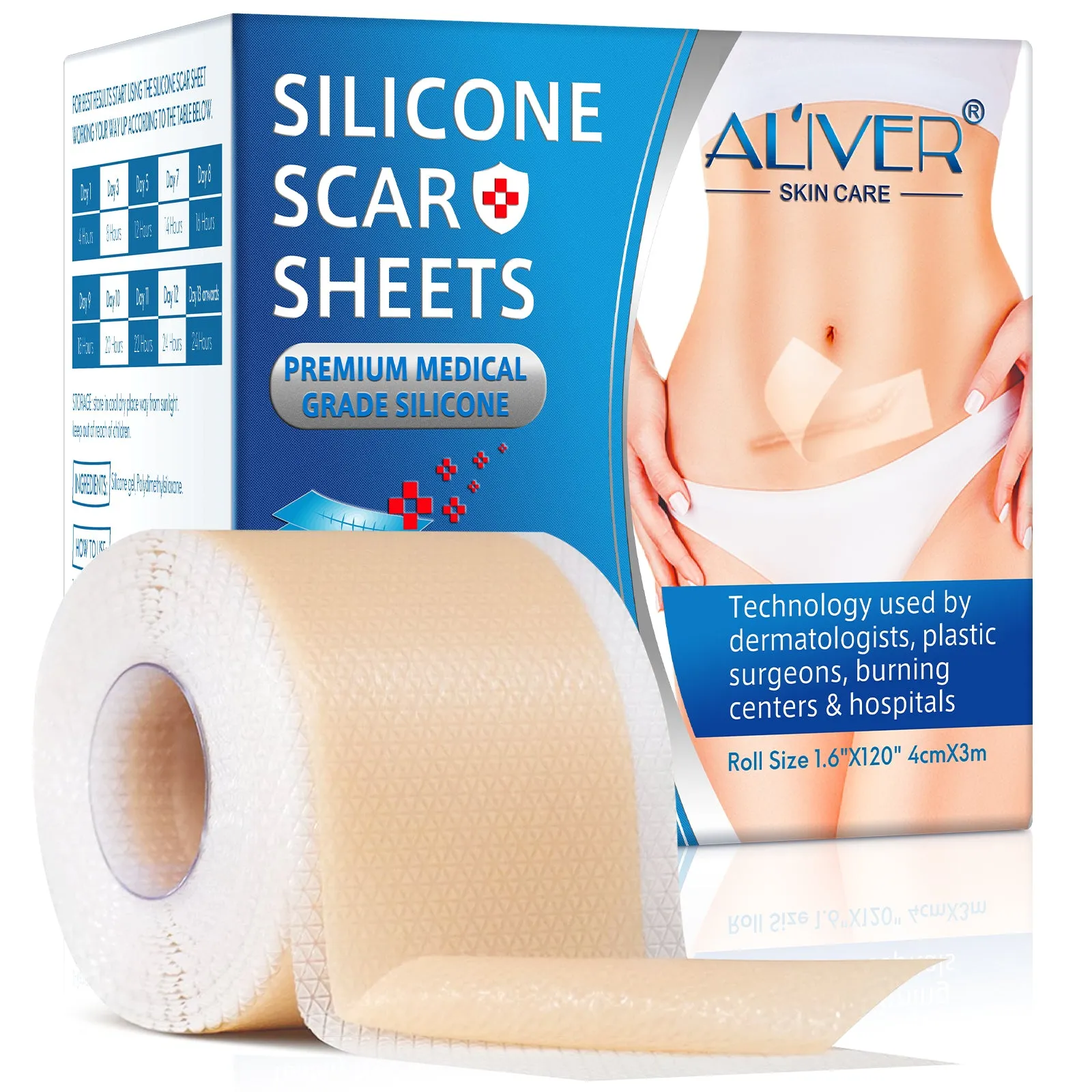 ALIVER Silicone Scar Sheets, Silicone Scar Tape-1.6”x120”, Scar Removal Strips for Acne Scars C-Section & Keloid Surgery Scars Sheets - 6-8 Month Supply