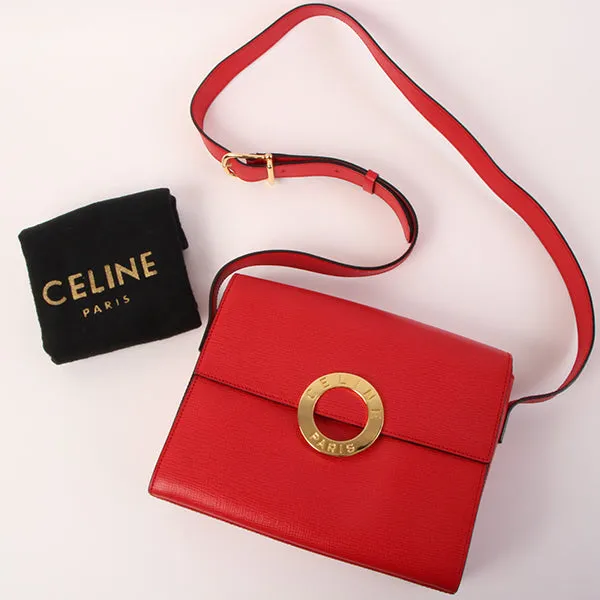 Celine Circle Logo Plate Shoulder Bag Red