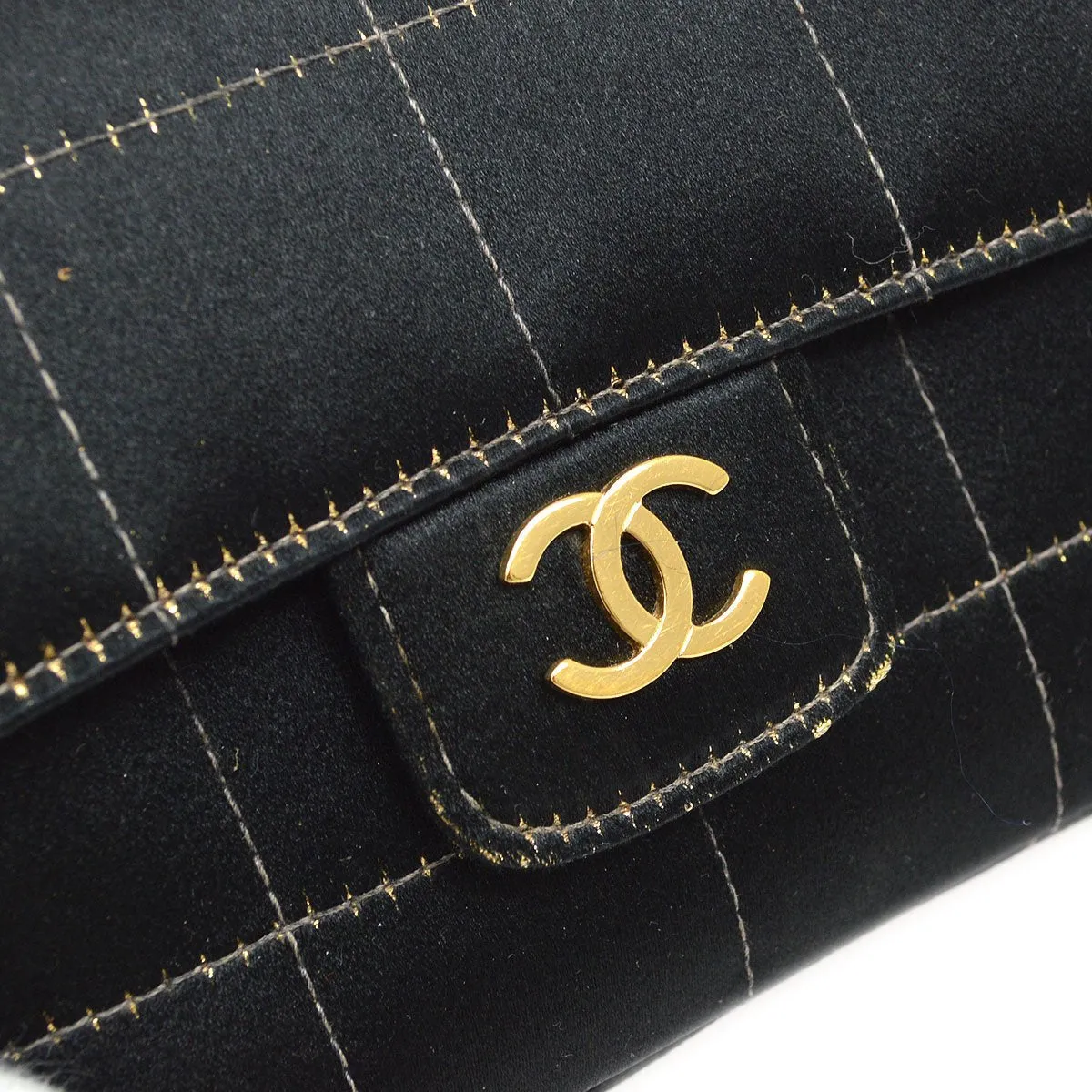 CHANEL 2003-2004 Camellia Choco Bar Chain Shoulder Bag Black Satin
