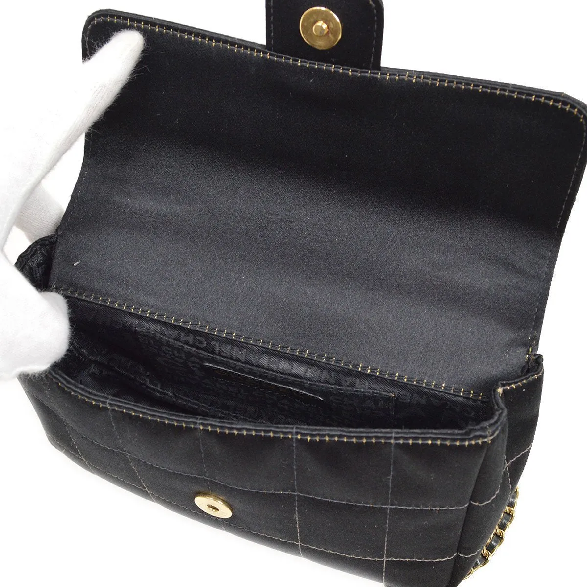 CHANEL 2003-2004 Camellia Choco Bar Chain Shoulder Bag Black Satin