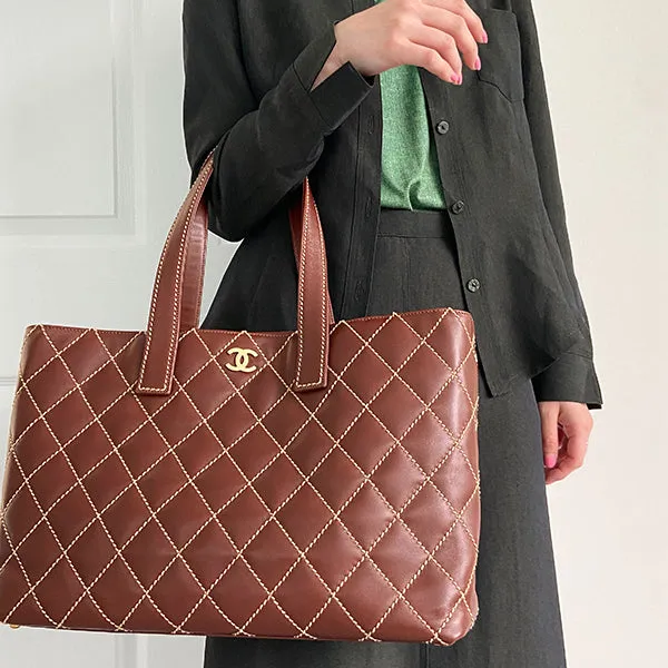Chanel 2003 Made Wild Stitch Coco Mark Plate Big Tota Bag Brown