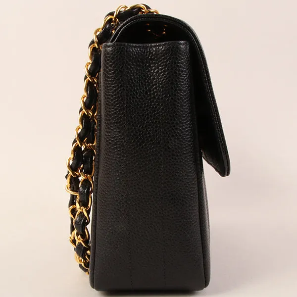 CHANEL Around 1995 Made Caviar Skin Mademoiselle Stitch Turn-Lock Chain Bag Black