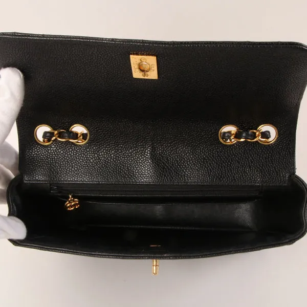 CHANEL Around 1995 Made Caviar Skin Mademoiselle Stitch Turn-Lock Chain Bag Black