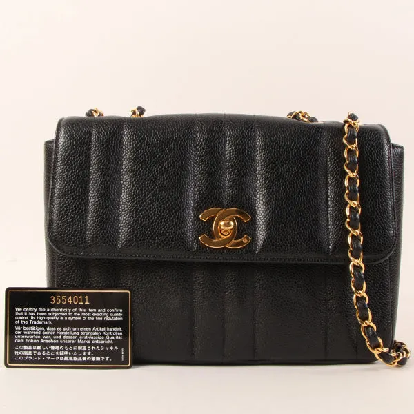 CHANEL Around 1995 Made Caviar Skin Mademoiselle Stitch Turn-Lock Chain Bag Black
