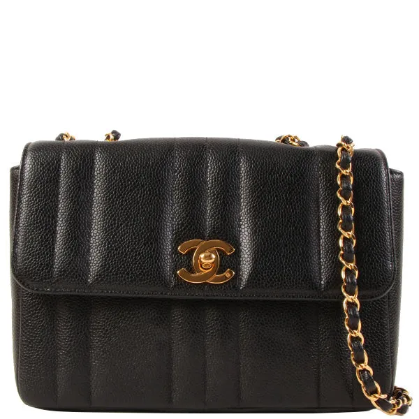 CHANEL Around 1995 Made Caviar Skin Mademoiselle Stitch Turn-Lock Chain Bag Black