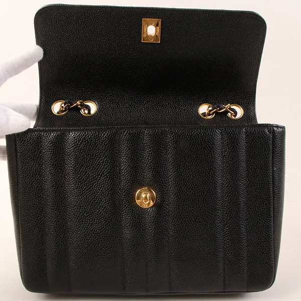 CHANEL Around 1995 Made Caviar Skin Mademoiselle Stitch Turn-Lock Chain Bag Black