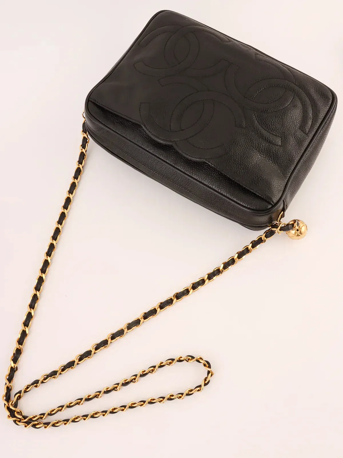 CHANEL Around 1995 Made Triple Cc Mark Stitch Chain Shoulder Bag Black