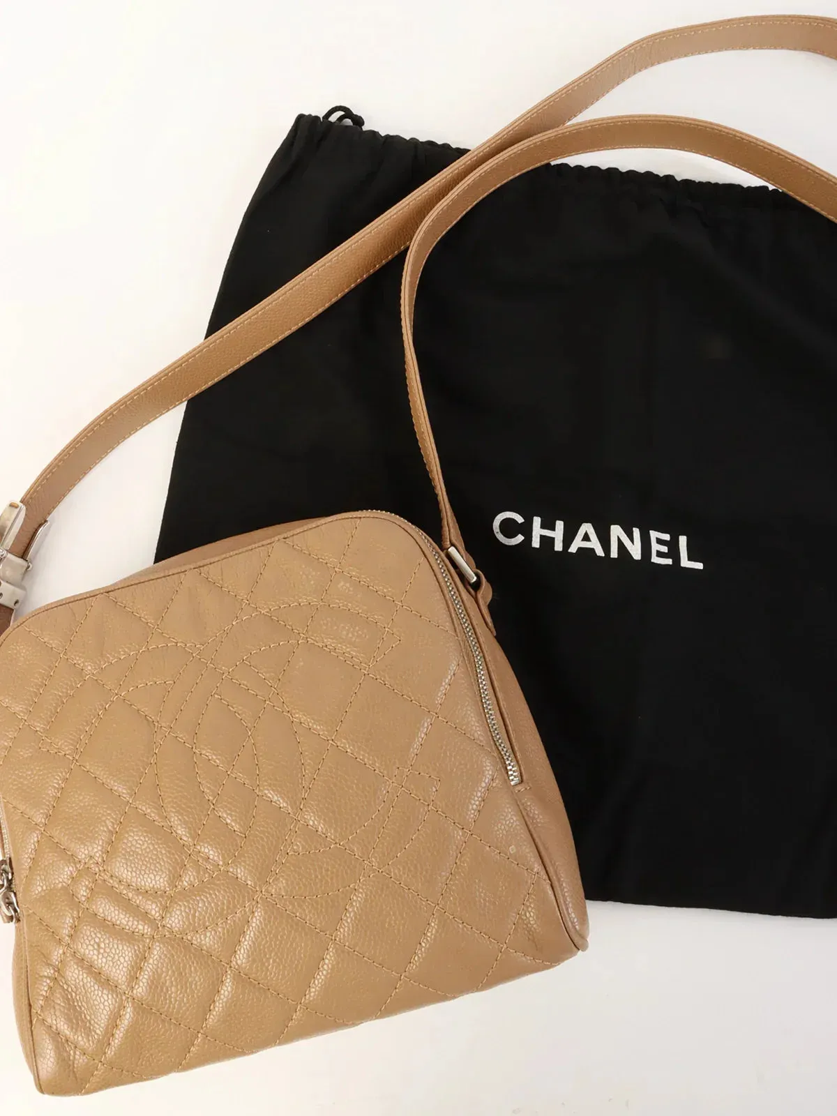 CHANEL Around 2007 Made Caviar Skin Cc Mark Stitch Shoulder Bag Beige