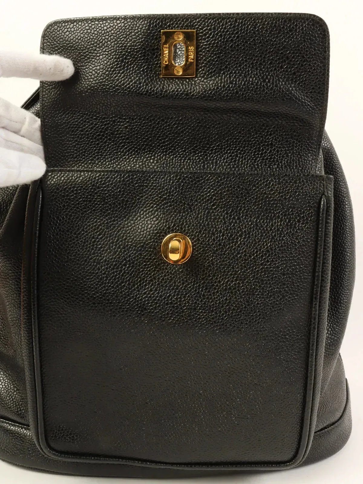 CHANEL Caviar Skin Turn-Lock Shoulder Bag With Pouch Black