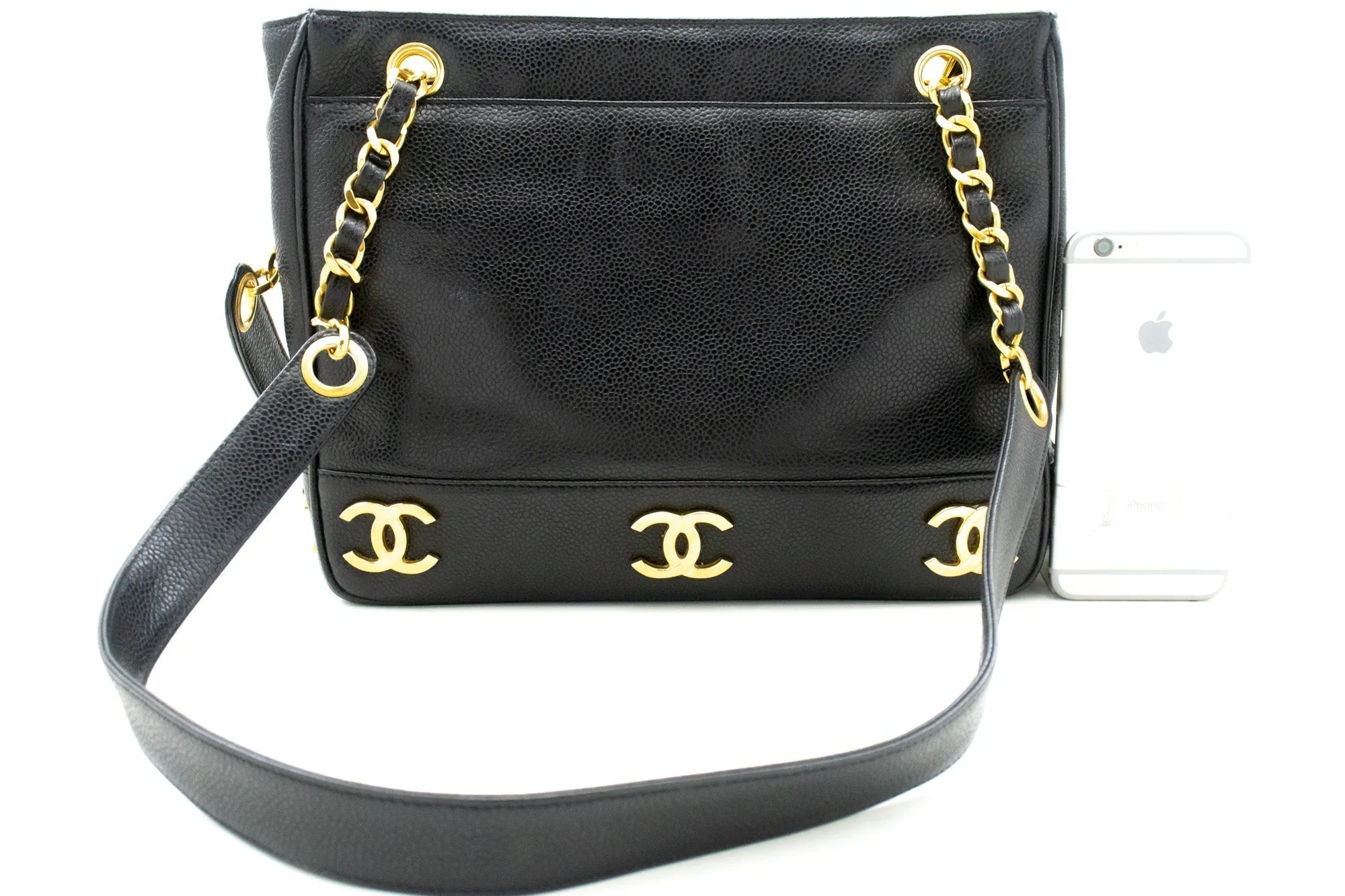 CHANEL Caviar Triple Coco Chain Shoulder Bag Black Leather Gold