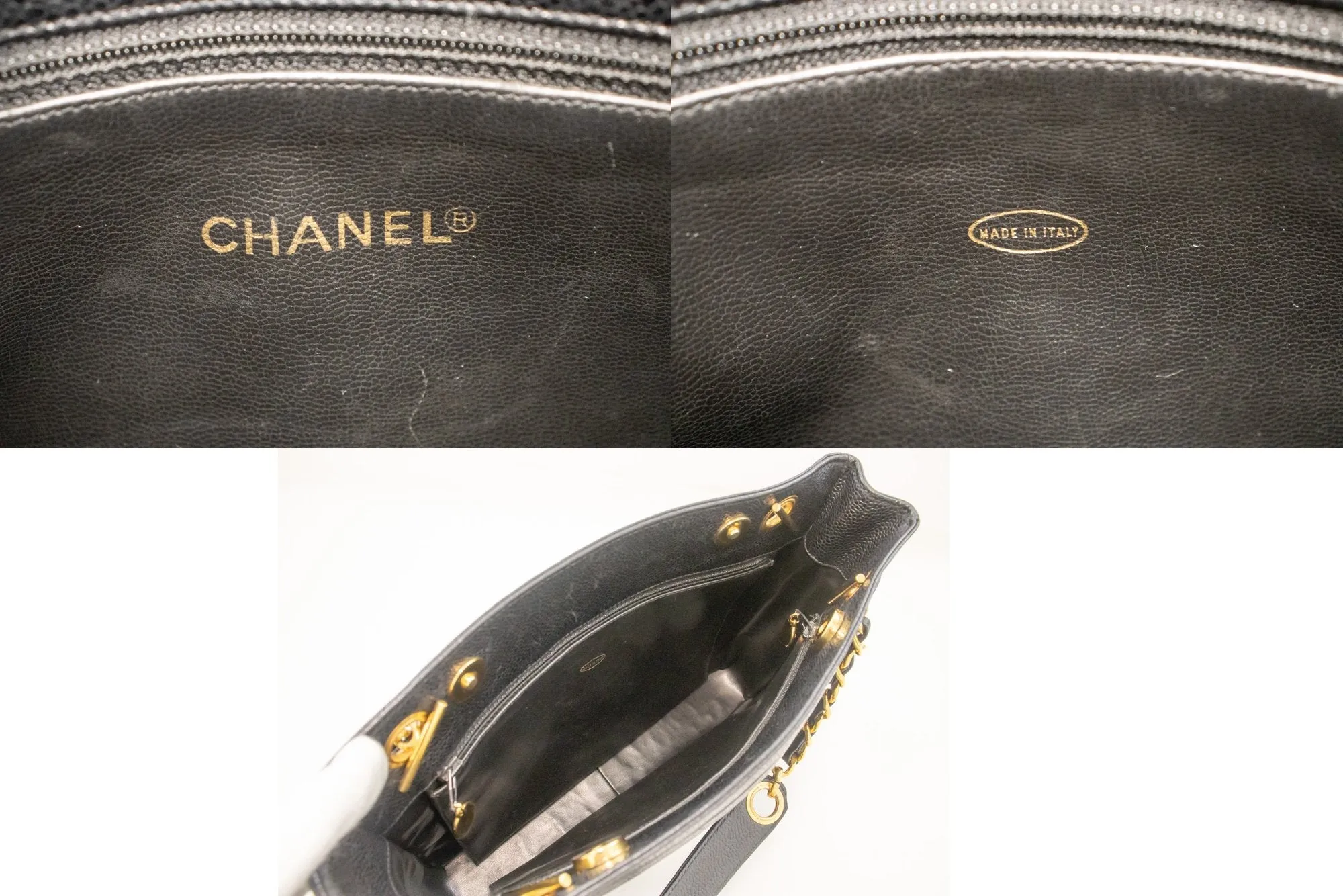 CHANEL Caviar Triple Coco Chain Shoulder Bag Black Leather Gold