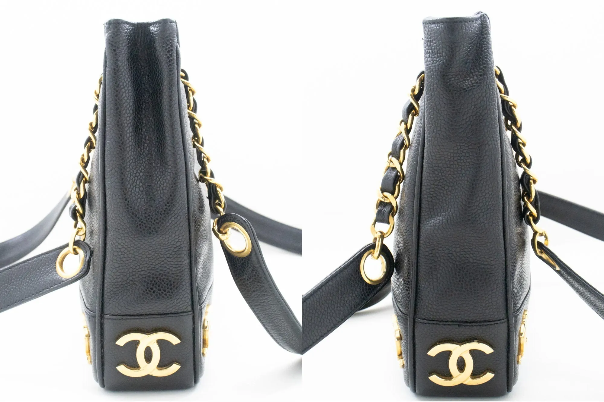 CHANEL Caviar Triple Coco Chain Shoulder Bag Black Leather Gold