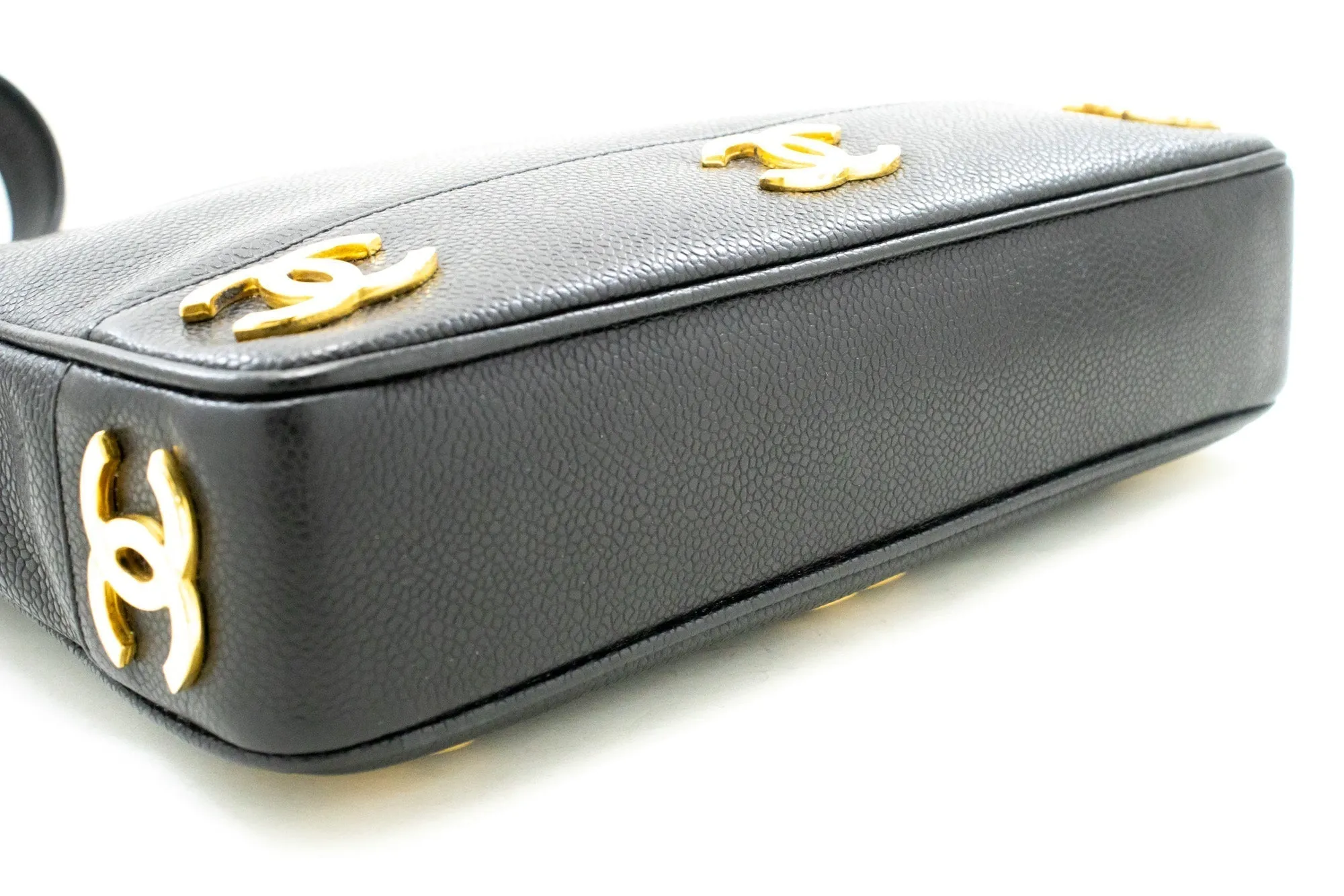 CHANEL Caviar Triple Coco Chain Shoulder Bag Black Leather Gold