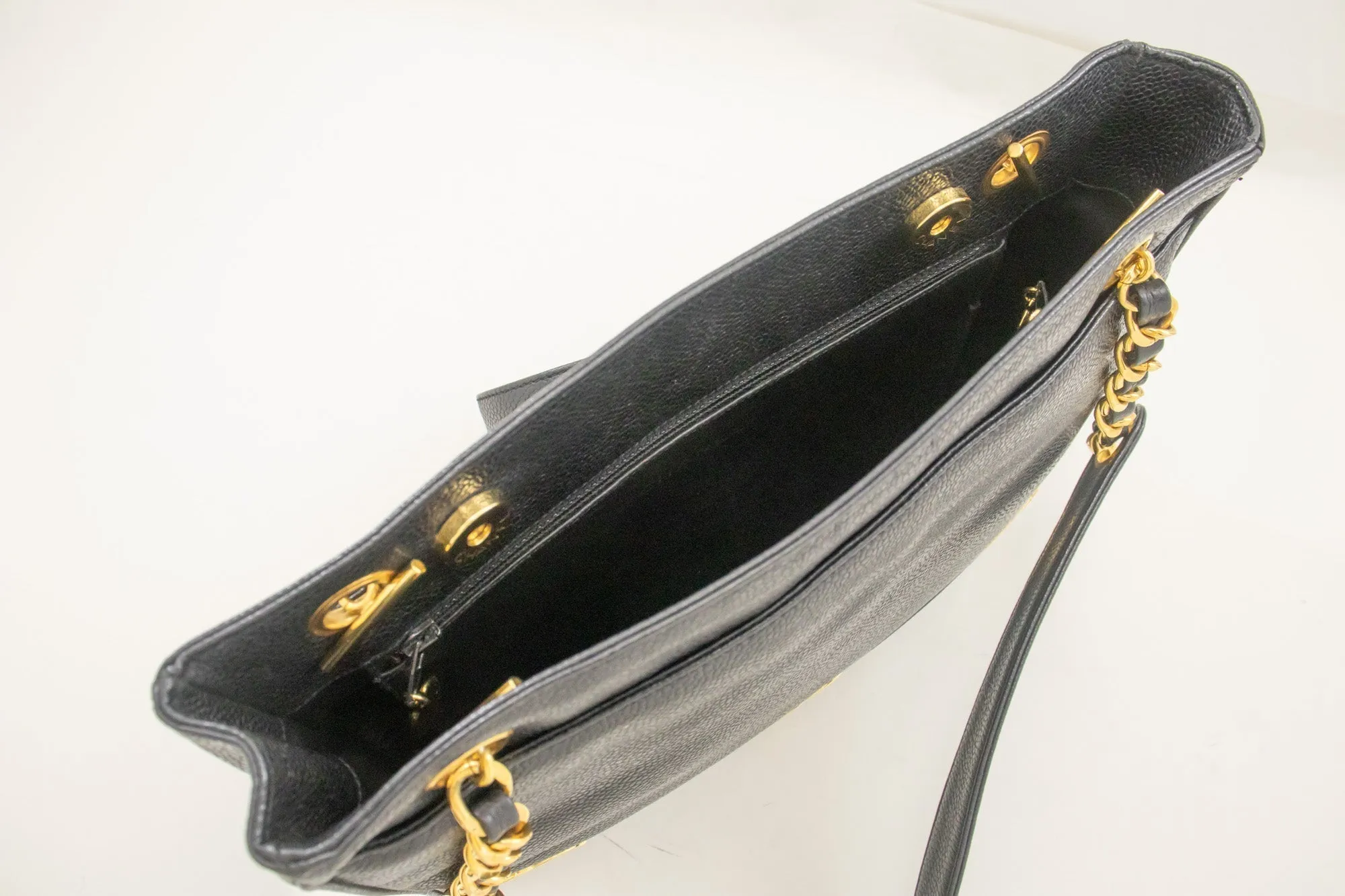 CHANEL Caviar Triple Coco Chain Shoulder Bag Black Leather Gold