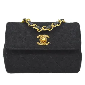 CHANEL Chain Shoulder Bag Black Cotton