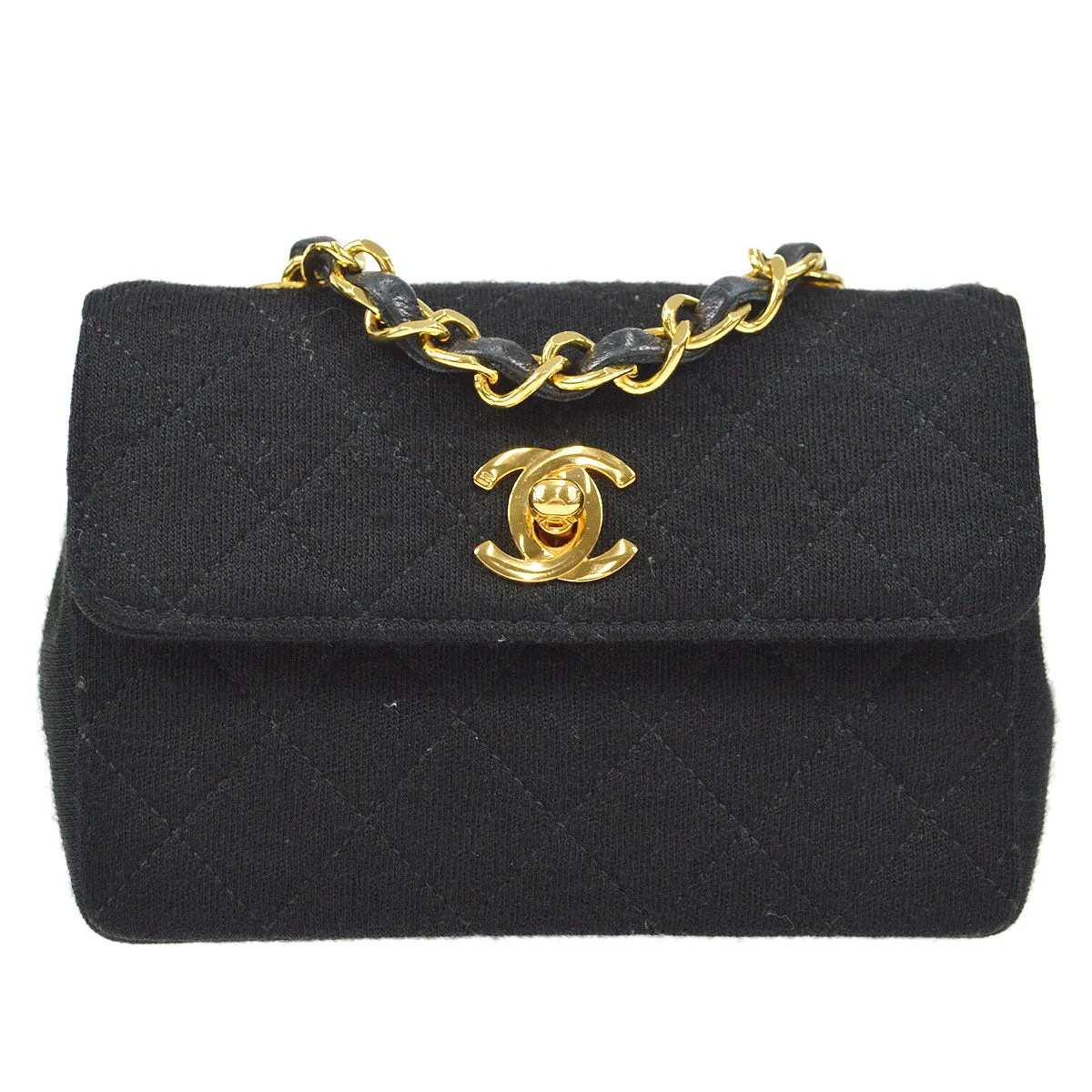 CHANEL Chain Shoulder Bag Black Cotton