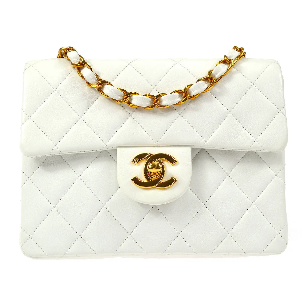 CHANEL Classic Flap Mini Square Chain Shoulder Bag White Lambskin