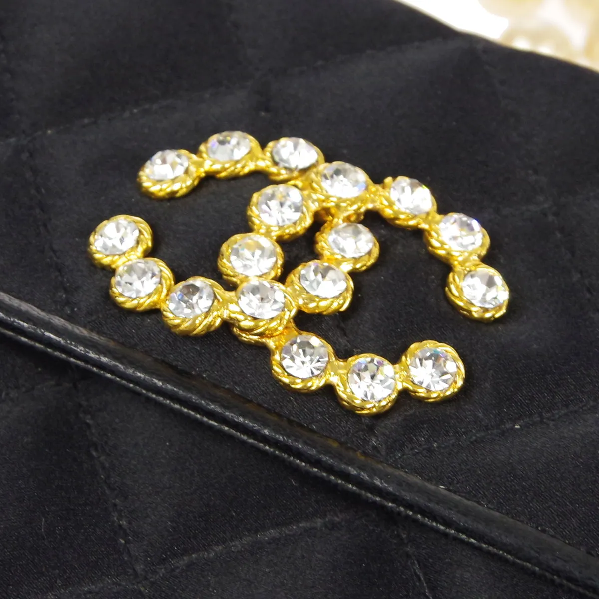 CHANEL * Jumbo Rhinestone Pearl Mini Shoulder Bag Black Satin