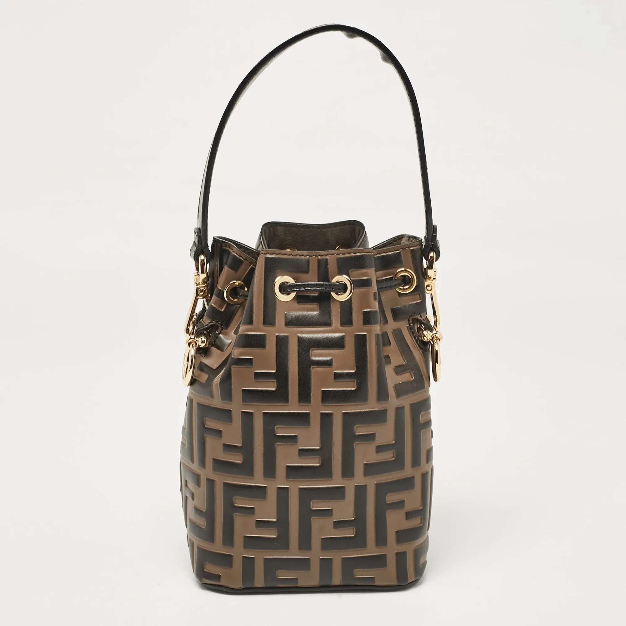 Fendi Brown/black Zucca Leather Mini Mon Tresor Drawstring Bucket Bag