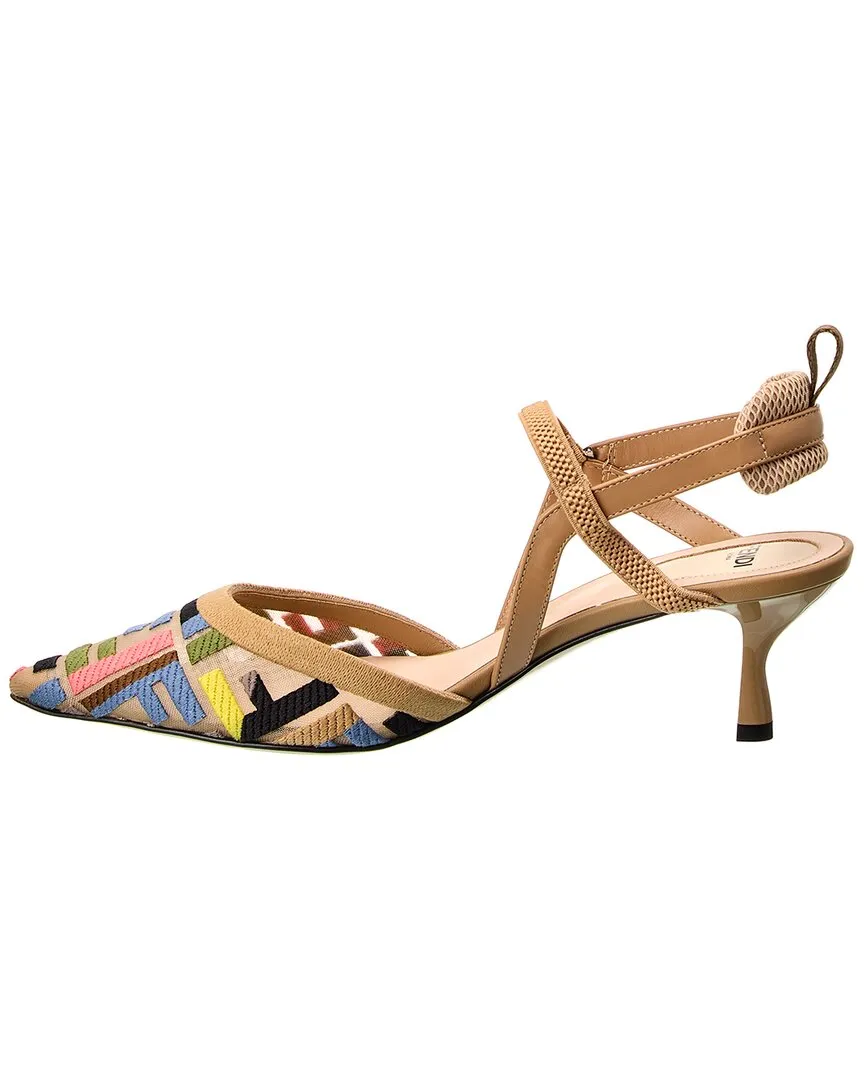FENDI FF Colibri Lite Medium Mesh & Leather Slingback Mule