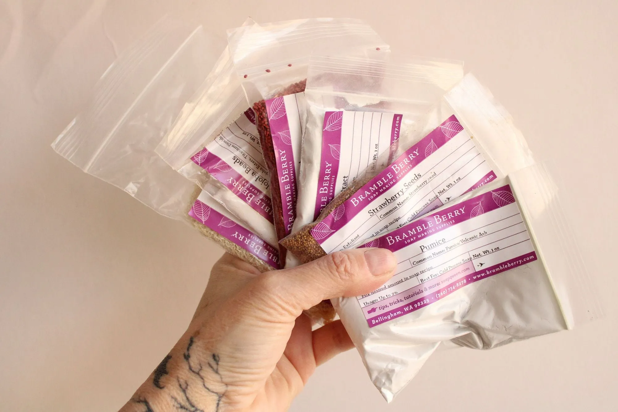 Lot of Soap or Cosmetic Additives, By Bramble Berry, Bamboo, Loofah, Pumice, Jojoba, Cranberry Seed, Strawberry Seed, Sample Packs