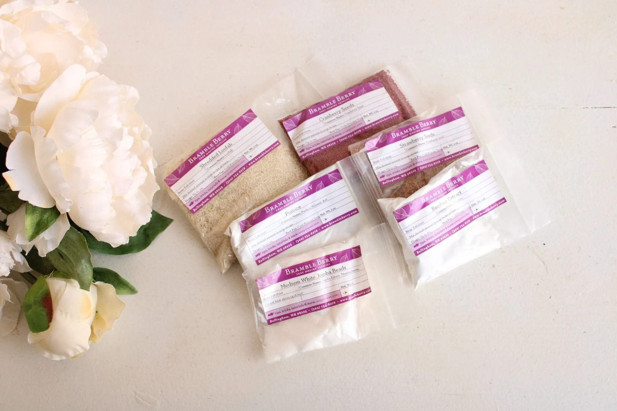 Lot of Soap or Cosmetic Additives, By Bramble Berry, Bamboo, Loofah, Pumice, Jojoba, Cranberry Seed, Strawberry Seed, Sample Packs