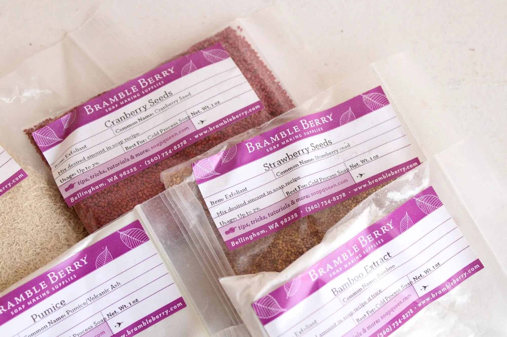 Lot of Soap or Cosmetic Additives, By Bramble Berry, Bamboo, Loofah, Pumice, Jojoba, Cranberry Seed, Strawberry Seed, Sample Packs