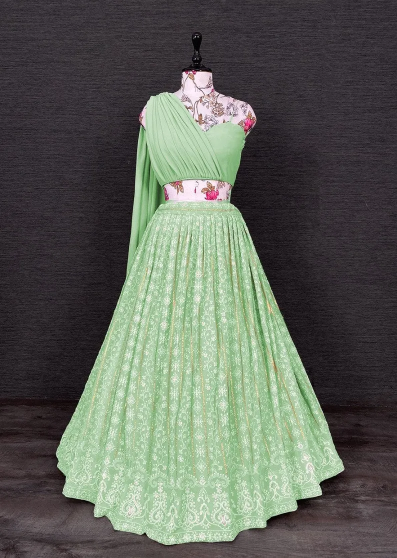 Pastel Green Georgette Lucknowi Party Wear Lehenga Choli