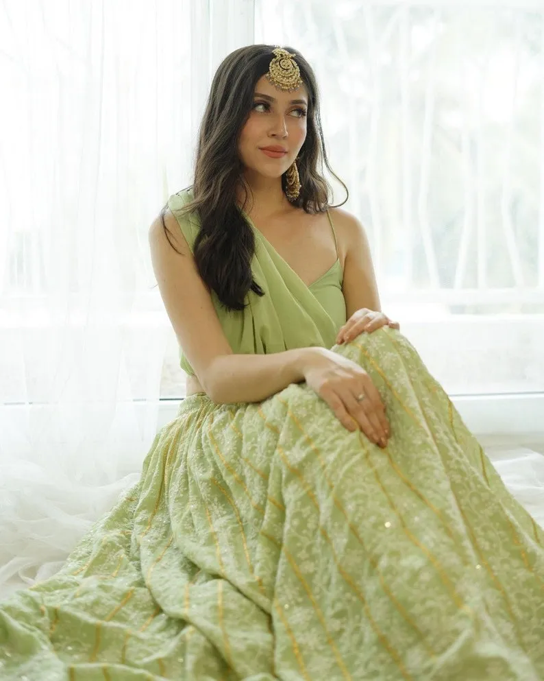 Pastel Green Georgette Lucknowi Party Wear Lehenga Choli