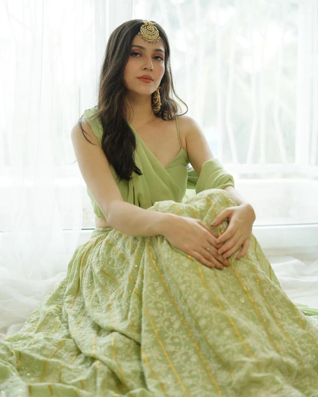 Pastel Green Georgette Lucknowi Party Wear Lehenga Choli