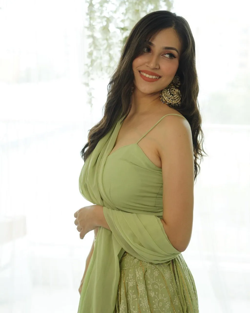 Pastel Green Georgette Lucknowi Party Wear Lehenga Choli