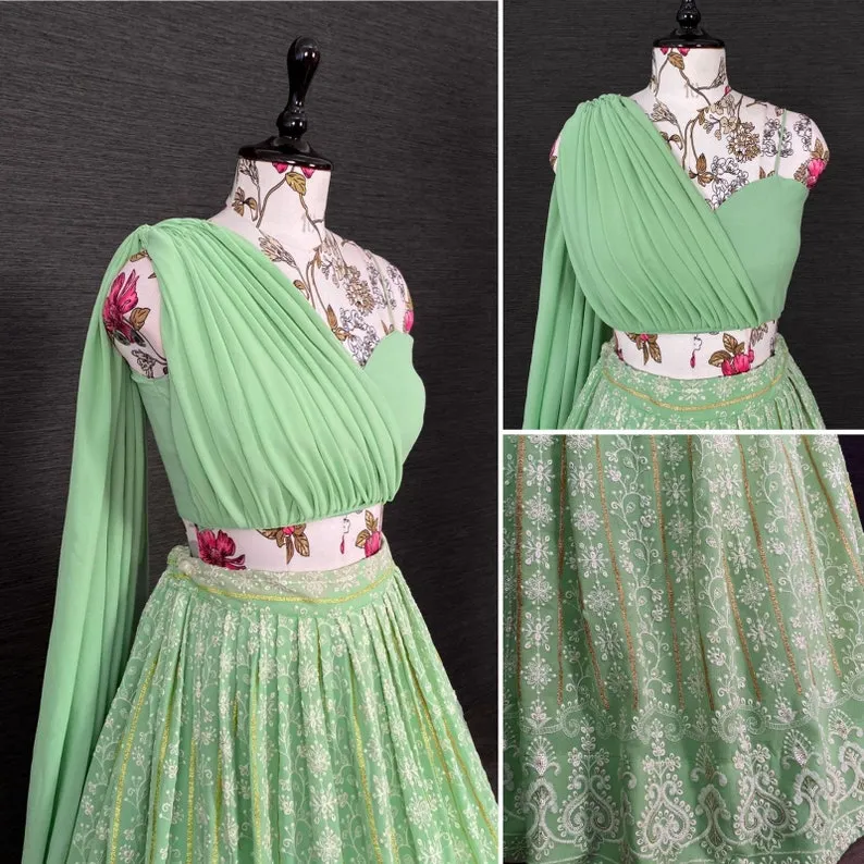 Pastel Green Georgette Lucknowi Party Wear Lehenga Choli