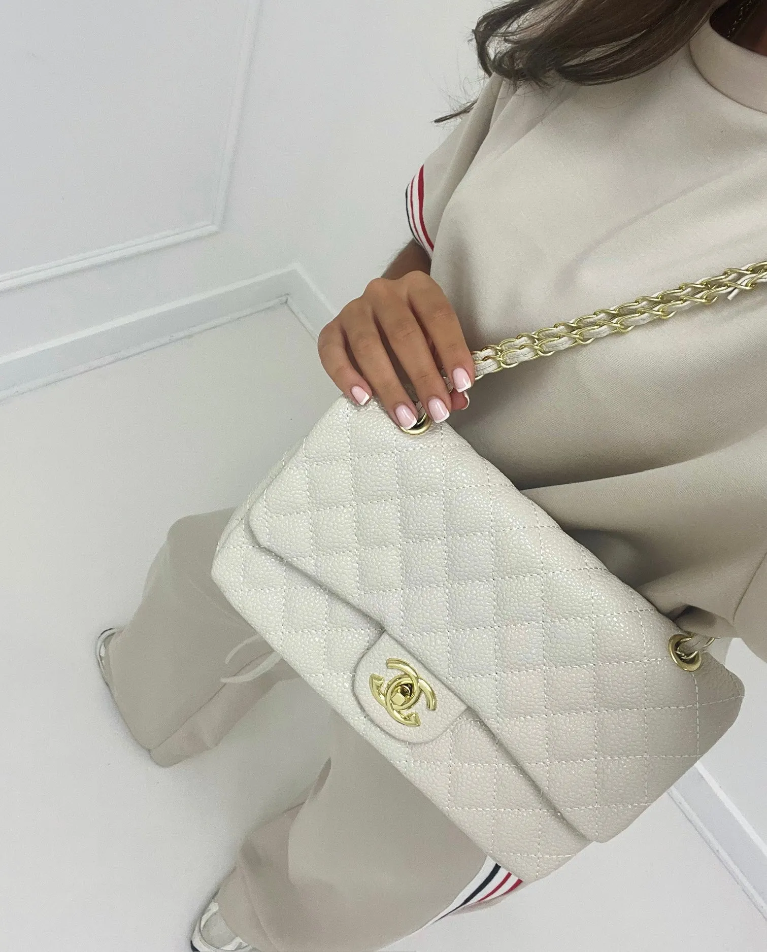 Quilted Beige Gold Chain Handbag