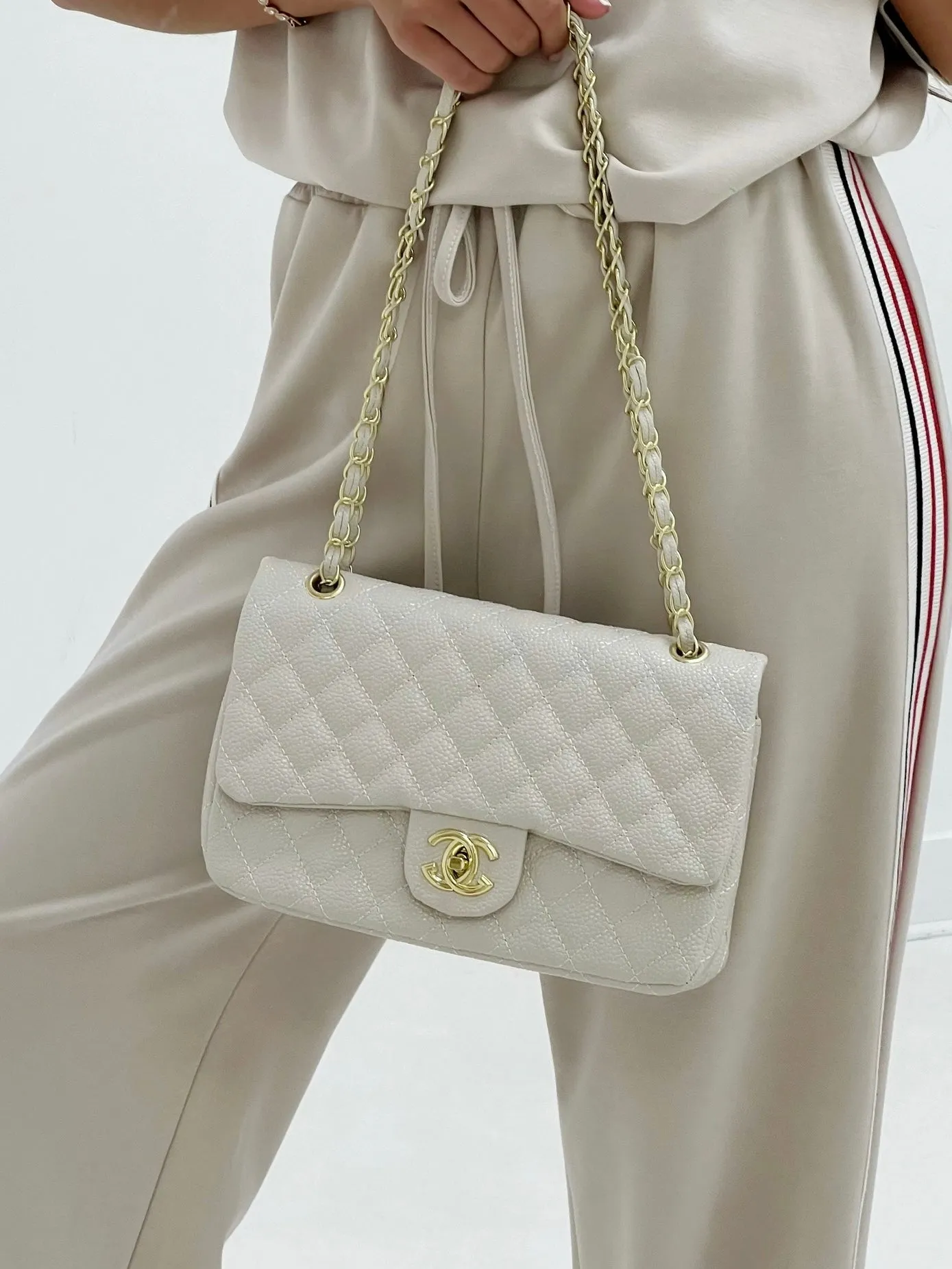 Quilted Beige Gold Chain Handbag