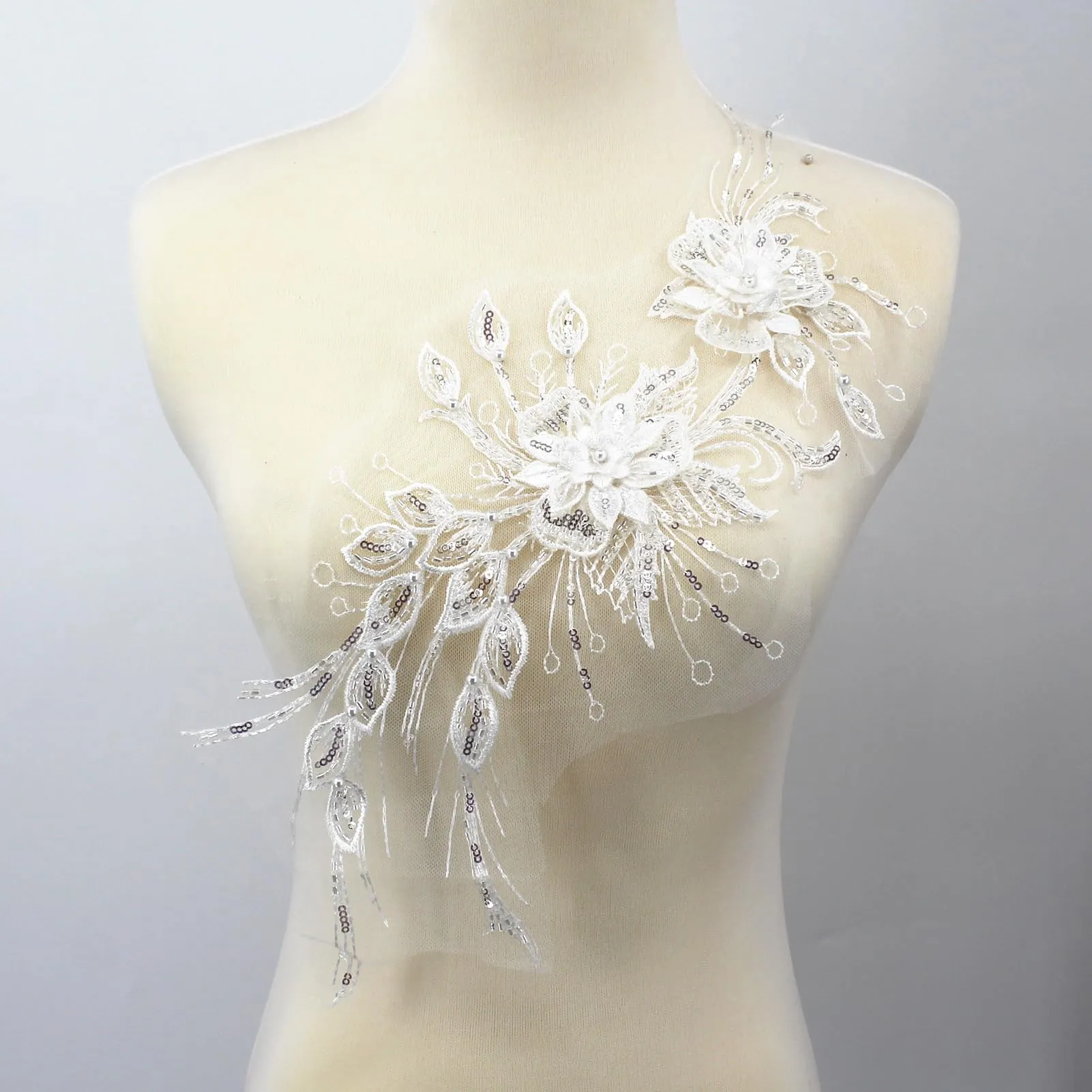 SUNMOVE 1PC Beaded Lace Applique Net Trim Sew On Flower Fabric Collar Patch for Wedding Gown Dress Bridal DIY Crafts