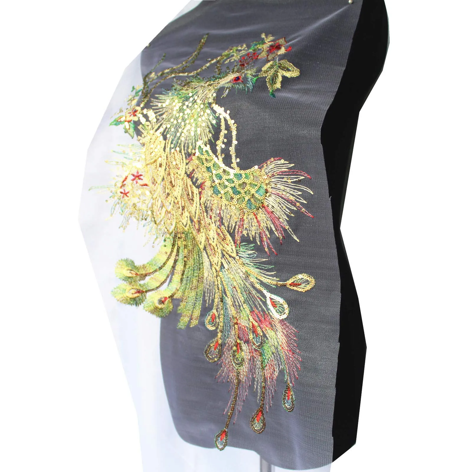 SUNMOVE 1PC Large Embroidery Applique Sequin Phoenix Peacock Bird Lace Fabric Applique Net Trim Sewing Collar Patch Wedding Party Dress DIY Motif