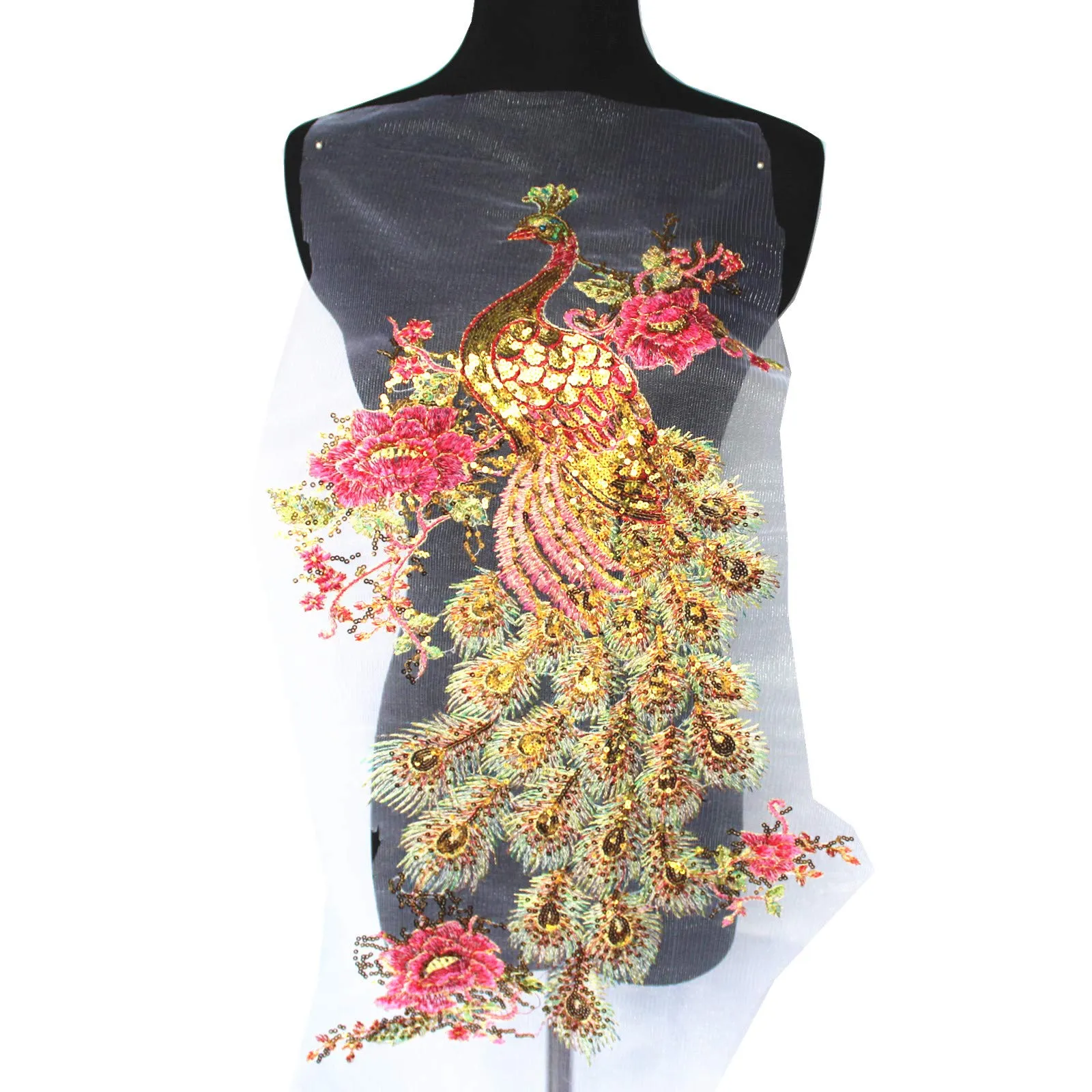 SUNMOVE 1PC Large Embroidery Applique Sequin Phoenix Peacock Bird Lace Fabric Applique Net Trim Sewing Collar Patch Wedding Party Dress DIY Motif