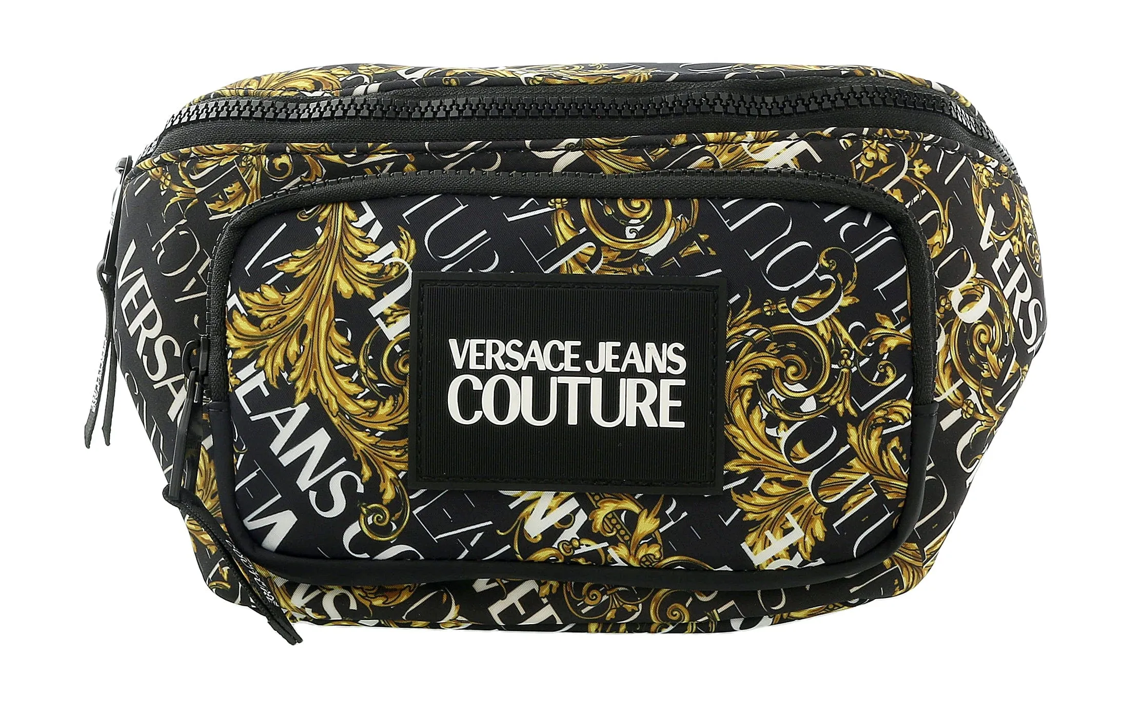 Versace Jeans Couture Black Gold Leather Baroque Brush Pattern Belt Bag/Fanny Pack
