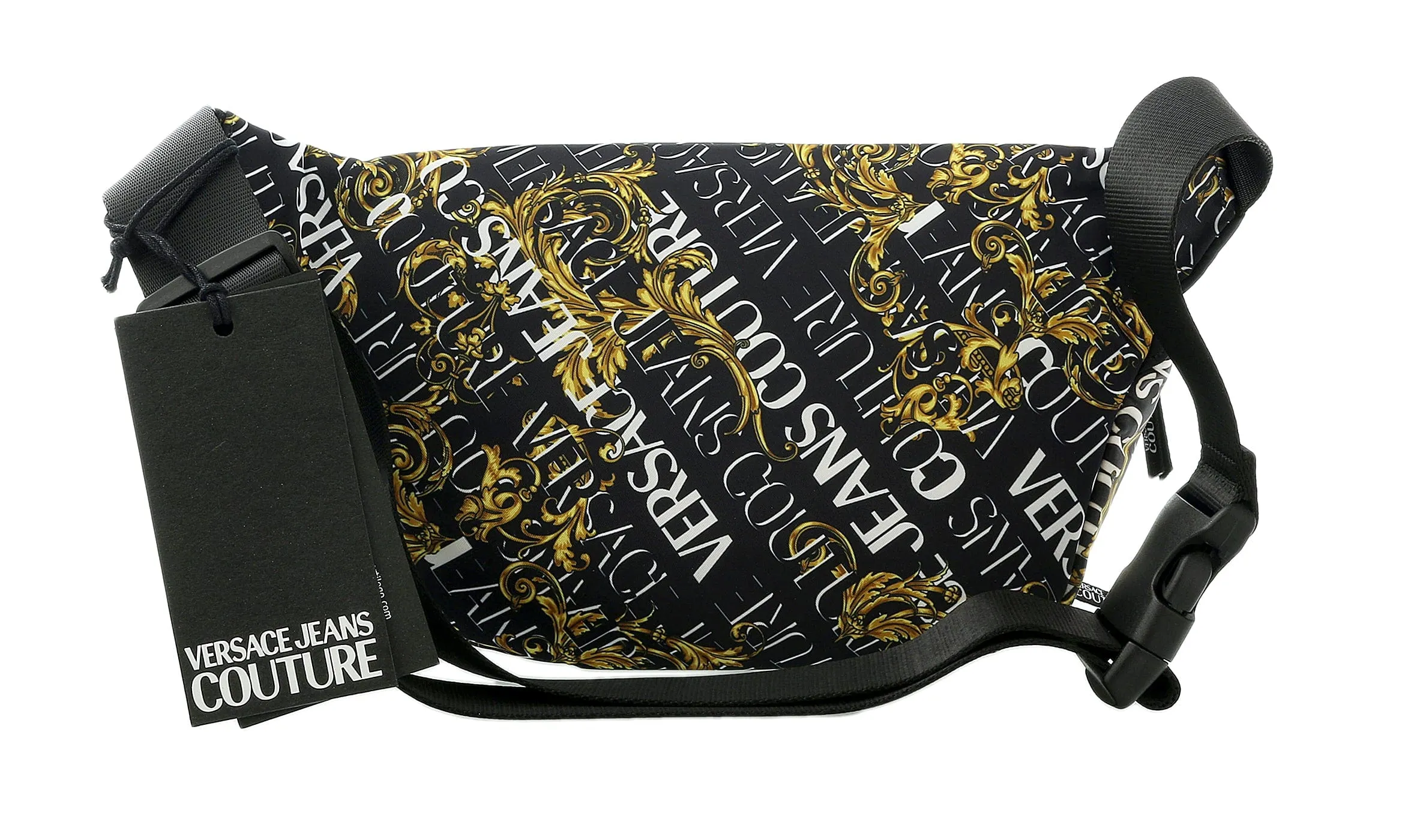 Versace Jeans Couture Black Gold Leather Baroque Brush Pattern Belt Bag/Fanny Pack