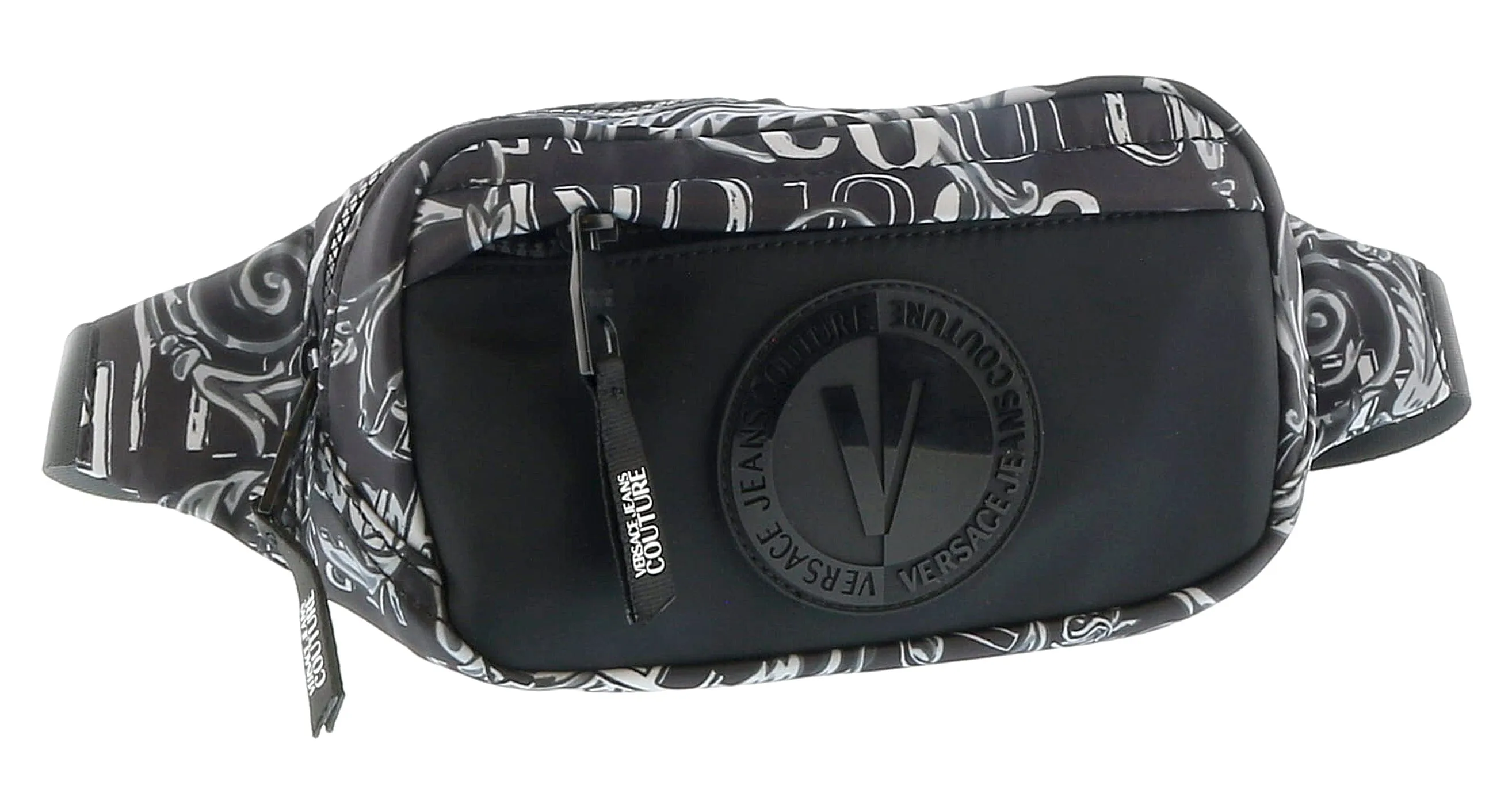 Versace Jeans Couture Black White Baroque Print Pouch Waist Bag