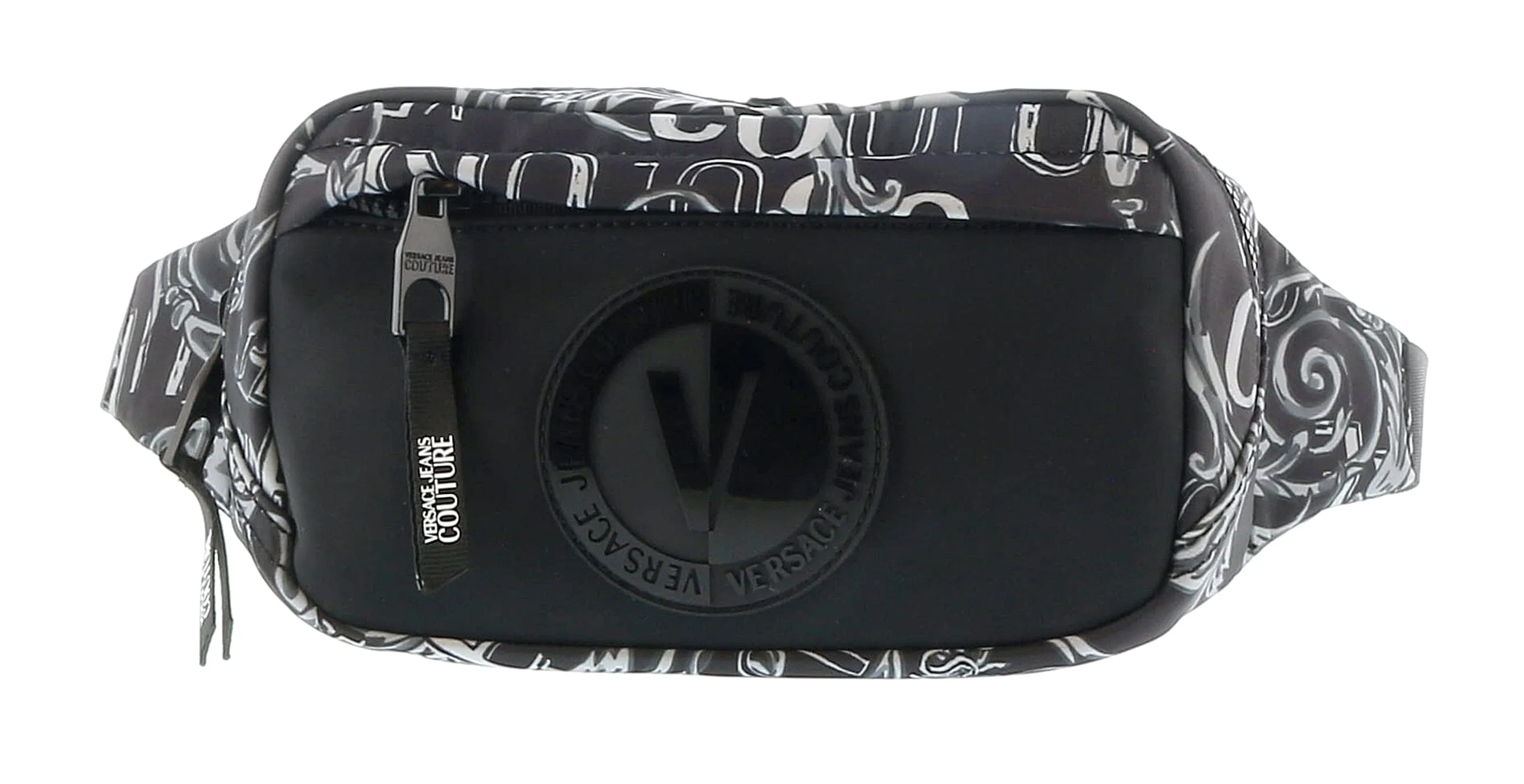 Versace Jeans Couture Black White Baroque Print Pouch Waist Bag