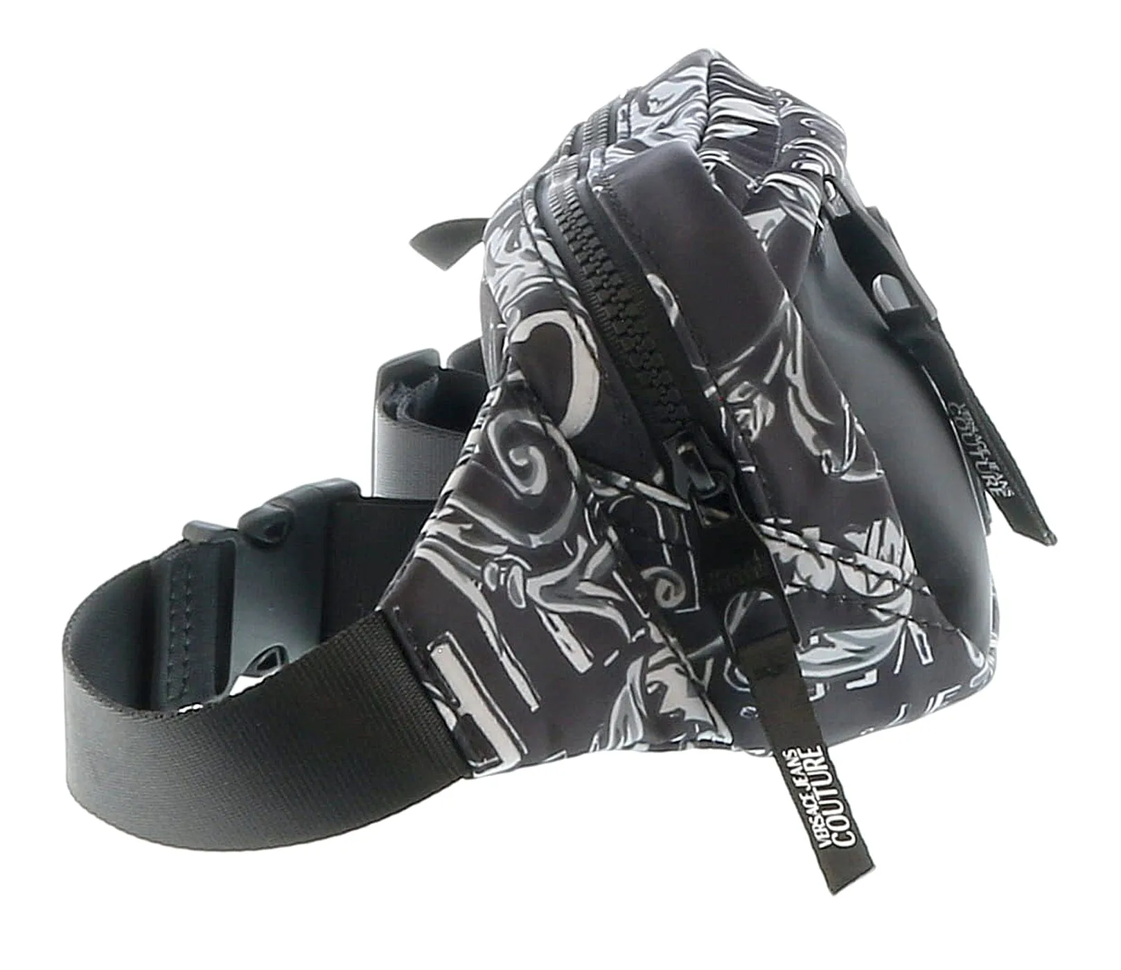 Versace Jeans Couture Black White Baroque Print Pouch Waist Bag